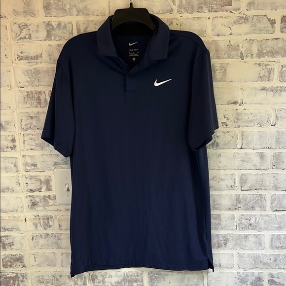 Nike Men’s Medium Navy Dri-Fit Polo Short Sleeve White Swoosh Golf Athletic - Picture 1 of 6
